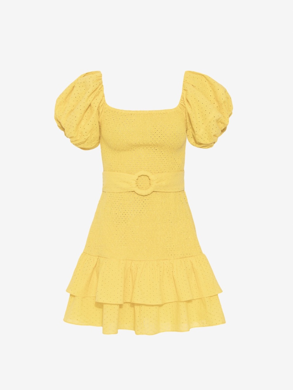 Maia Bergman Yellow Smocked Off Shoulder Mini Dress Puff Sleeve Tiered Hem Sz M - Picture 2 of 2